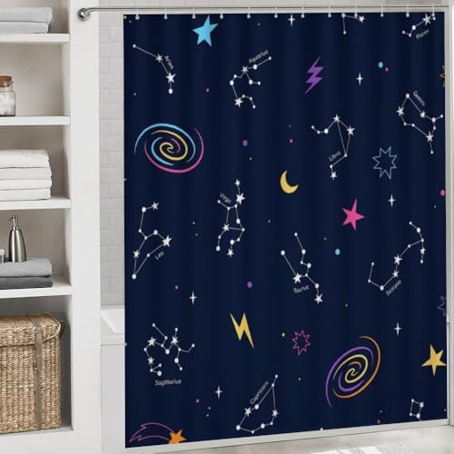 Kuizee 4-Piece Shower Curtain Set with Rugs - Zodiac Constellation Design