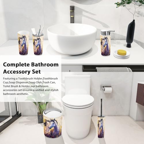 Boho Oil Canvas Horses Bathroom Accessory Set of 6