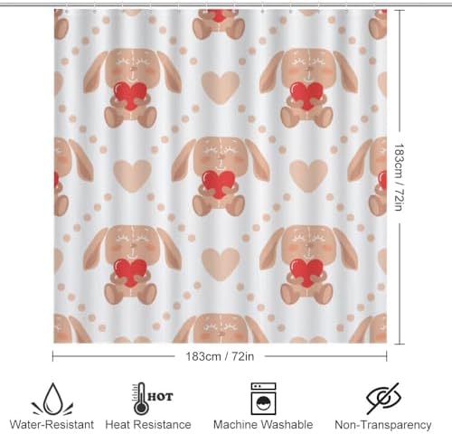 Kuizee Bunny Heart Shower Curtain Set with 4 Piece Rugs