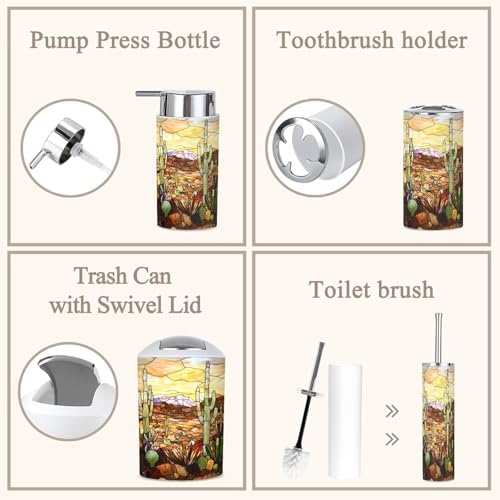 6 Piece Bathroom Accessories Set with Desert Cacti Stained Glass Design