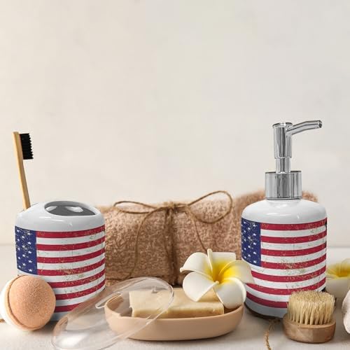 Ambesonne Ceramic Soap Dispenser Toothbrush Holder Set Dark Coral White