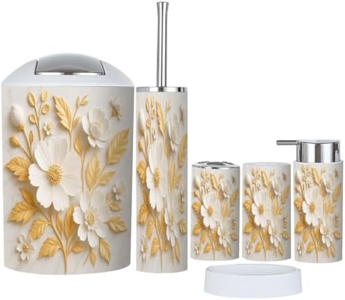 Boho White Gold 3D Flowers Bathroom Accessory Set 6 Piece