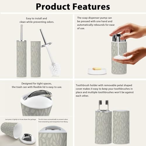 Boho Floral Trash Can Set 6 Piece Bathroom Accessories