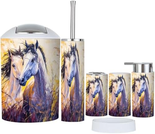 Boho Oil Canvas Horses Bathroom Accessory Set of 6