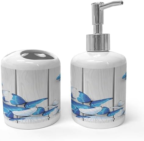 Ambesonne Ceramic Soap Toothbrush Holder Set Blue White Butterflies