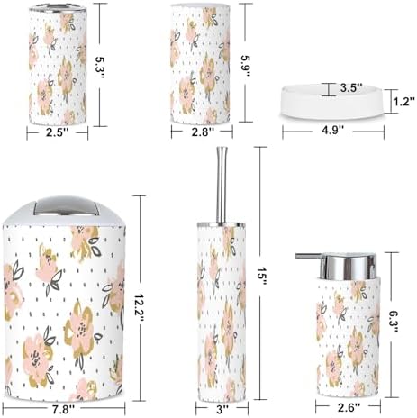 6 Piece Bathroom Accessory Set Pink Gold Floral Design