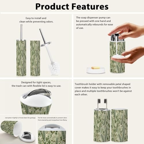 Boho Bathroom Accessory Set 6 Piece White Flowers Fern Leaves