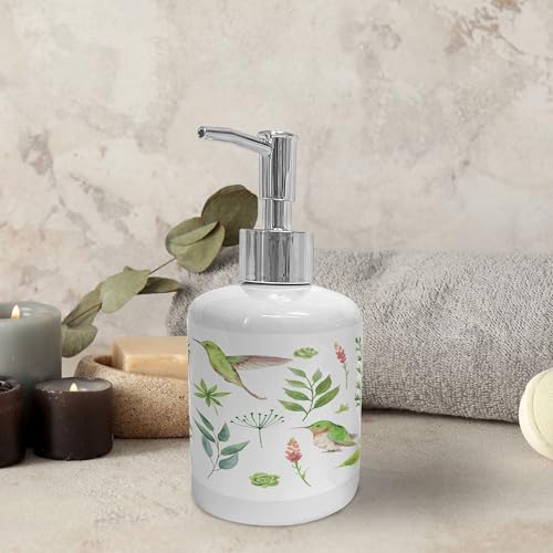 Ambesonne Hummingbird Soap Dispenser Toothbrush Holder Set 2 Pcs White Apple Green