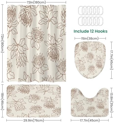 4 Piece Shower Curtain Set with Non-Slip Rugs and Mats