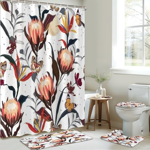 4-Piece Shower Curtain Set with Retro Pattern