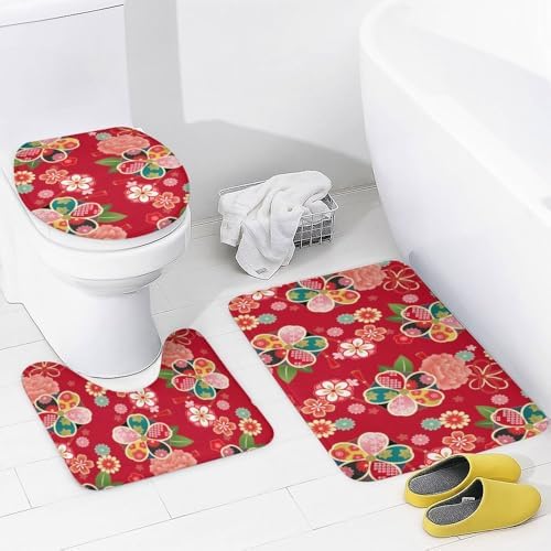 Kuizee Retro Japanese Red Shower Curtain Set with 4 Pieces Non-Slip Rugs