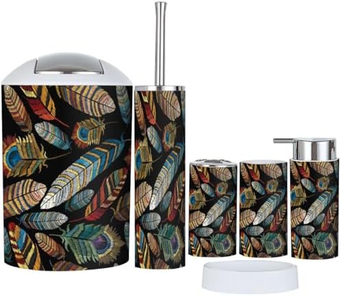 Bathroom Accessories Set 6pcs Tropical Feathers Design