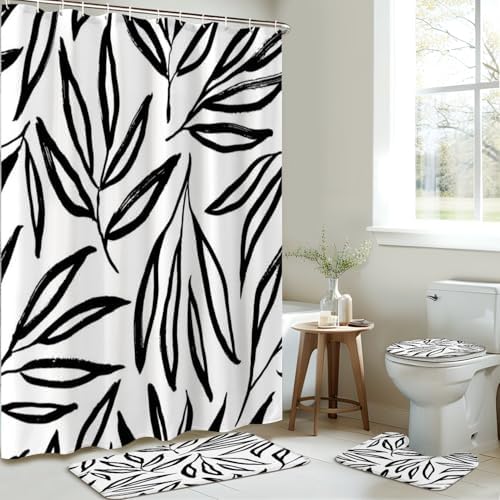 4 Piece Shower Curtain Set with Rugs Mats and Lid Cover