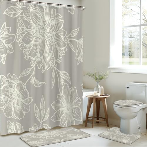 4 Piece Shower Curtain Set with Retro Floral Pattern