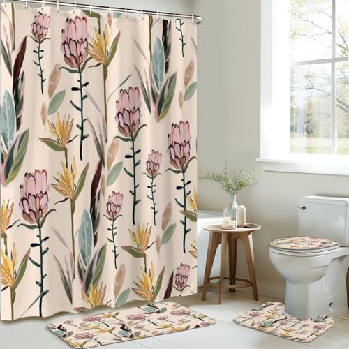 4 Piece Shower Curtain Set with Rugs Mats and Toilet Lid Cover