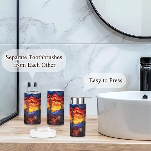 6 Piece Bathroom Accessories Set Mystical Desert Cactus Textured Stained Glass Art