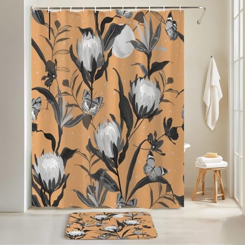 JCOOKLOFTS 4 Piece Shower Curtain Set Retro Black Grey with Night Stars