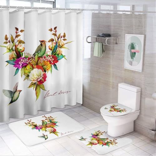 Kuizee 4-Piece Floral Shower Set with Rugs 72x72 Inch