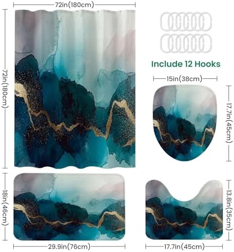 JCOOKLOFTS 4 Piece Shower Curtain Set with Rugs Mats and Lid Cover