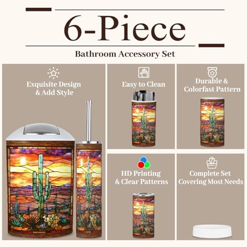 6 Piece Bathroom Accessories Set Textured Sunset Cactus Art