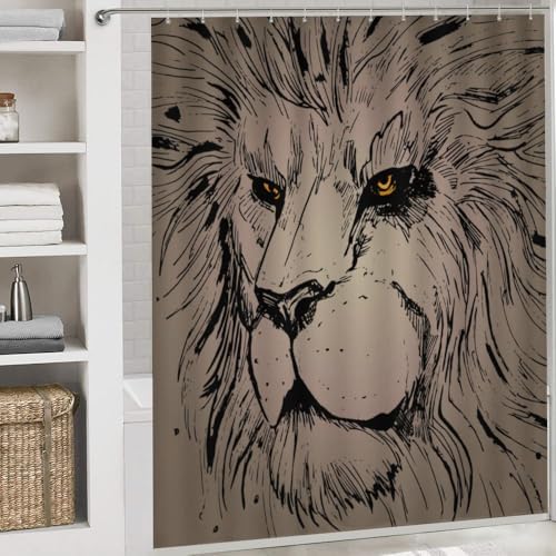 Kuizee 4 Piece Grunge Abstract Lion Shower Curtain Set with Non-Slip Rugs