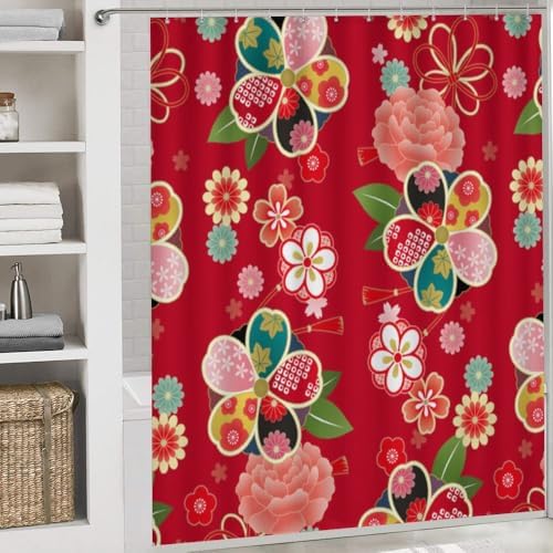 Kuizee Retro Japanese Red Shower Curtain Set with 4 Pieces Non-Slip Rugs