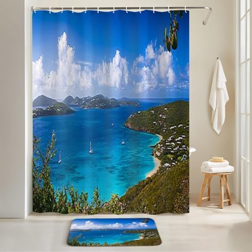 4 Piece Shower Curtain Set with Rugs and Non-Slip Mats 1