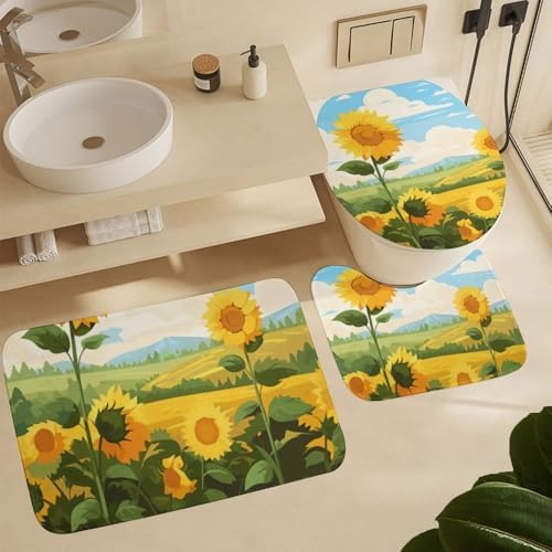 Kuizee 4-Piece Shower Curtain Set with Rugs Sunflower Field