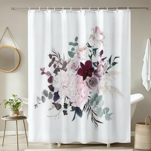 4 Pieces Dusty Pink Shower Curtain Set with Non-Slip Rugs