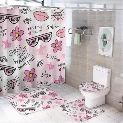 Kuizee 4-Piece Shower Curtain Set with Pink Flower Doodle Rugs