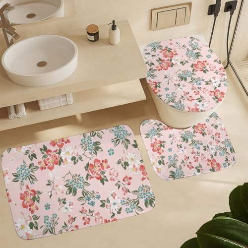 Kuizee 4-Piece Flower Pink Shower Curtain Set with Rugs and 12 Hooks