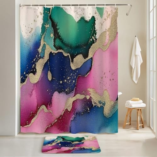 4 Piece Shower Curtain Set with Rugs and Non-Slip Mats