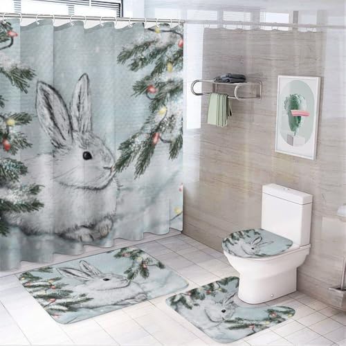 Kuizee 4 Piece White Hare Snow Shower Set with Rugs and 12 Hooks