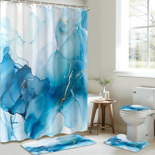 4-Piece Shower Curtain Set with Rugs and Mats Cyan Blue Pattern