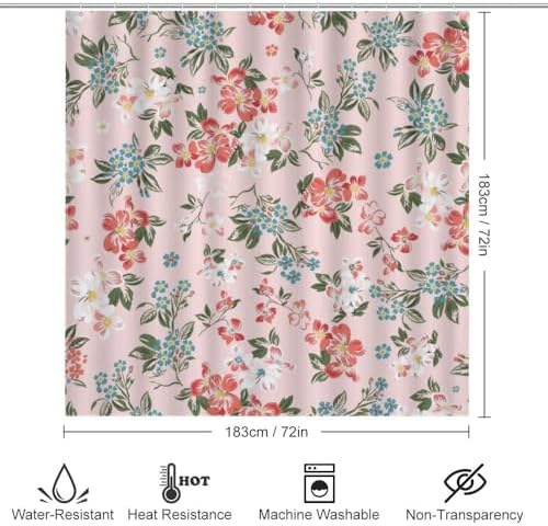 Kuizee 4-Piece Flower Pink Shower Curtain Set with Rugs and 12 Hooks