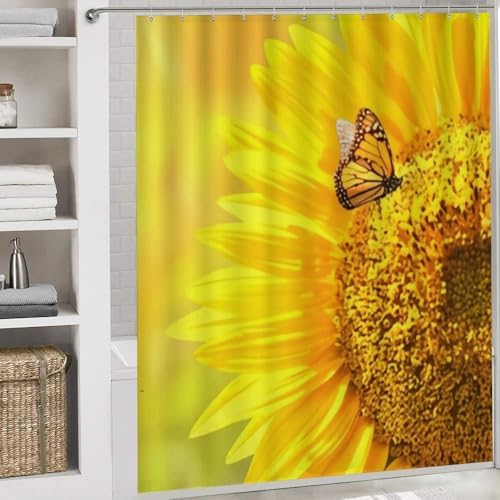 Kuizee 4 Piece Shower Curtain Set with Rugs Sunflower Monarch Butterflies