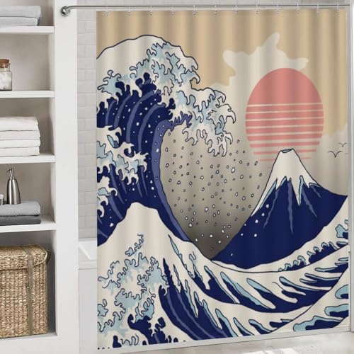 Kuizee 4 Piece Japanese Wave Shower Curtain Set with Non-Slip Mats