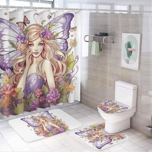 Kuizee 4-Piece Shower Curtain Set with Rugs 1