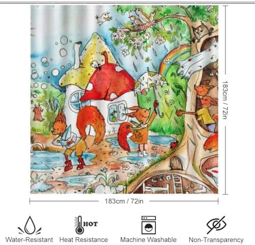Kuizee Forest Animals Shower Curtain Set with 4 Bath Rugs