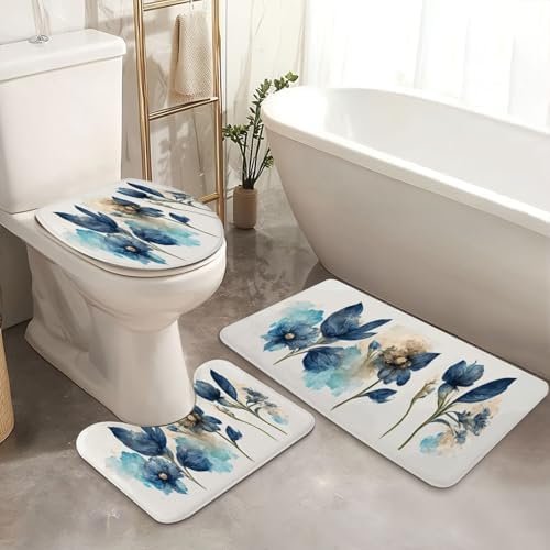 4 Piece Shower Curtain Set with Blue Flowers Design