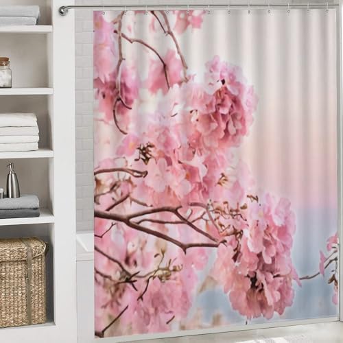 Kuizee 4 Piece Shower Curtain Set with Rugs Pink Floral Design