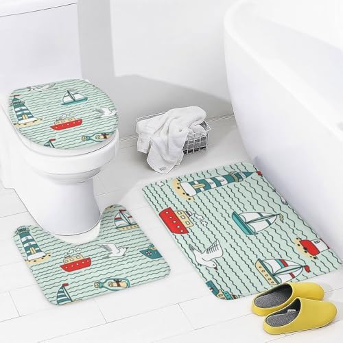 Kuizee 4-Piece Shower Curtain Set with Non-Slip Rugs and Lighthouses Design