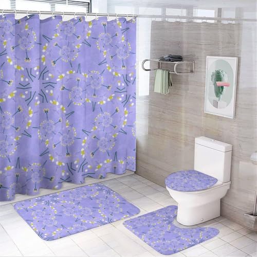 Kuizee 4-Piece Shower Curtain Set with Rugs Light Purple Dandelions 1