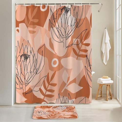 4 Piece Shower Curtain Set with Rugs and Mats Terracotta Pattern