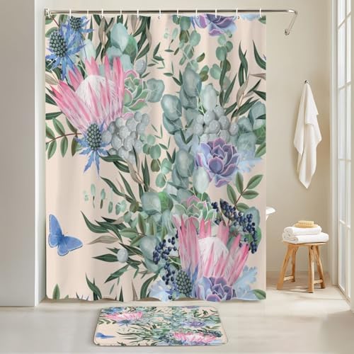 JCOOKLOFTS 4 Piece Shower Curtain Set with Rugs and Mat 1
