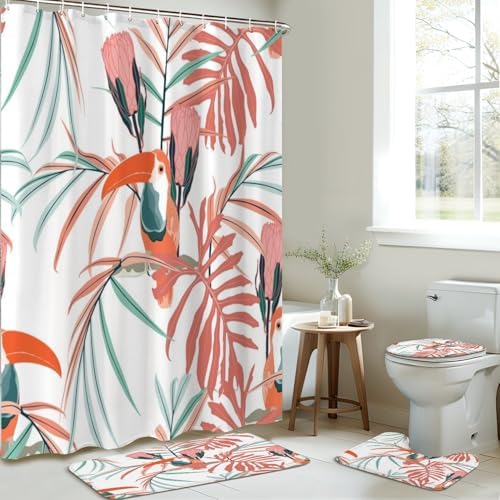 JCOOKLOFTS 4 Piece Shower Curtain Set with Rugs 1