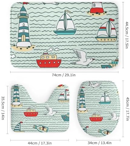 Kuizee 4-Piece Shower Curtain Set with Non-Slip Rugs and Lighthouses Design