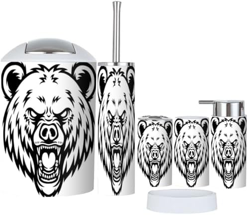 6 Pcs Cartoon Angry Grizzly Bear Bathroom Accessories Set