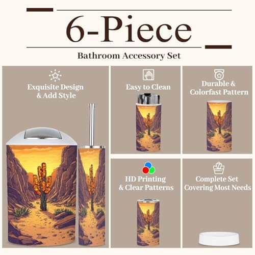 6 Piece Boho Bathroom Accessories Set with Cactus Stained Glass Design