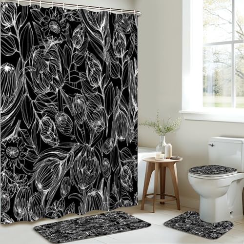 4 Piece JCOOKLOFTS Shower Curtain Set with Rugs and Mats 1